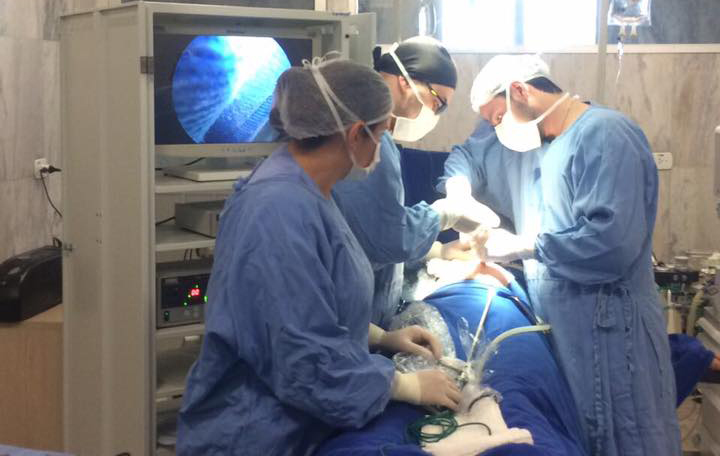 Equipe médica efetuando a primeira cirurgia 